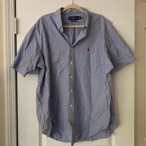 Men’s Blue and White Ralph Lauren Button Down Short Sleeve Shirt. XXL